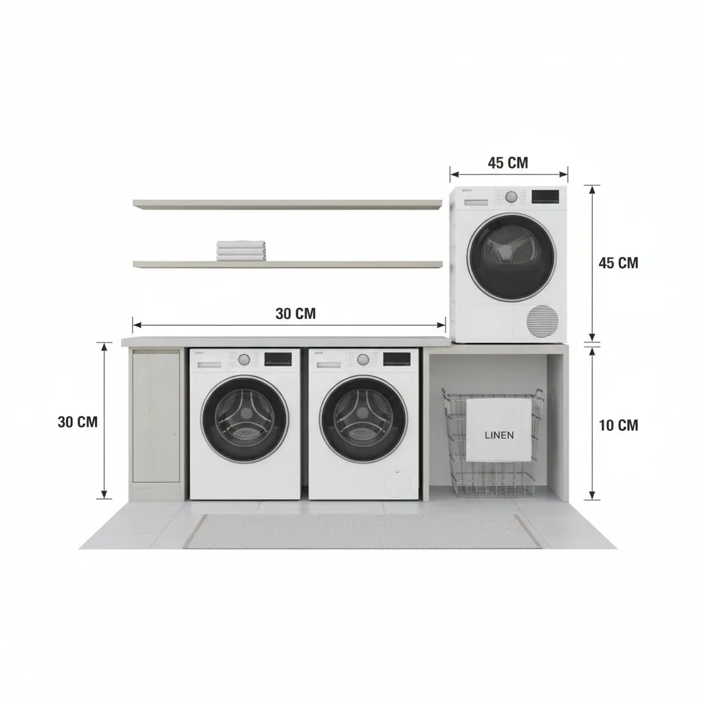 Laundry room layout diagram showing appliance spacing and clearance