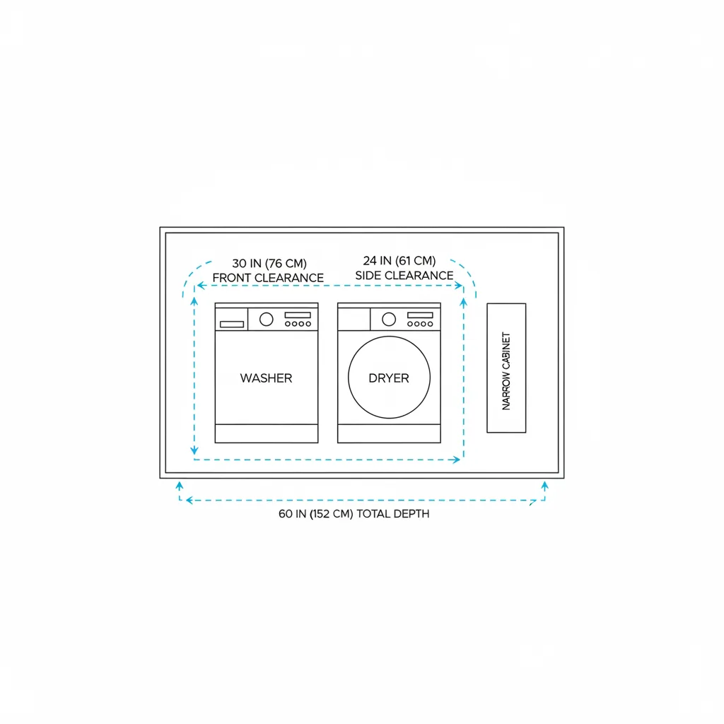 Laundry room floor plan diagram showing cabinet spacing and appliance clearance