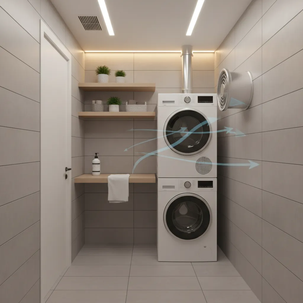 Laundry room ventilation fan and moisture control in small converted space