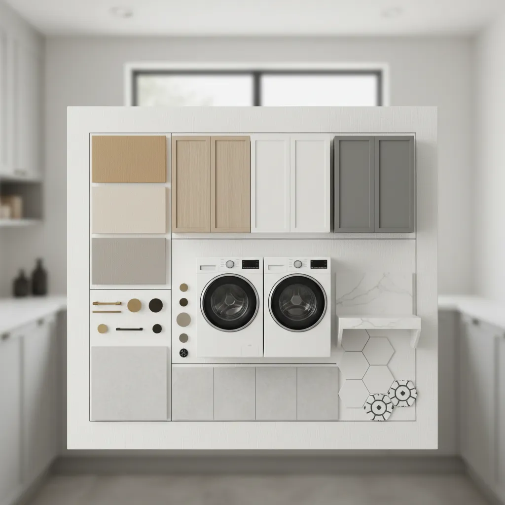 Laundry room design board comparing tan beige and greige paint colors