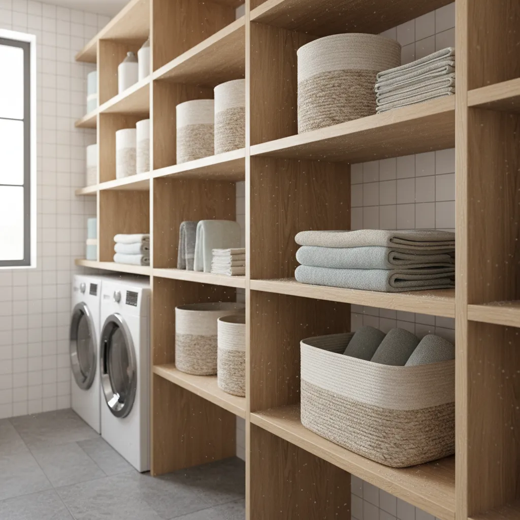 laundry room shelf with folded towels and lint buildup attracting carpet beetles