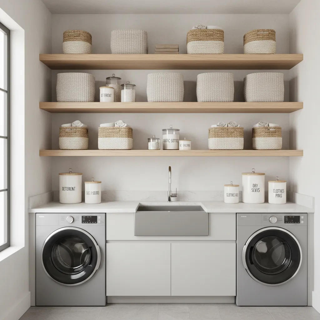 laundry room shelves organized with matching baskets and containers