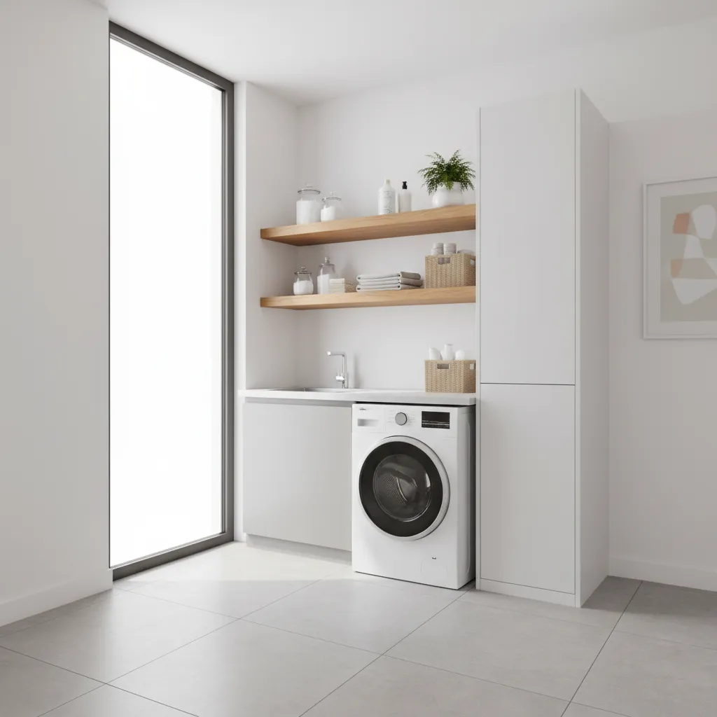 laundry room with narrow cabinets and floating open shelves