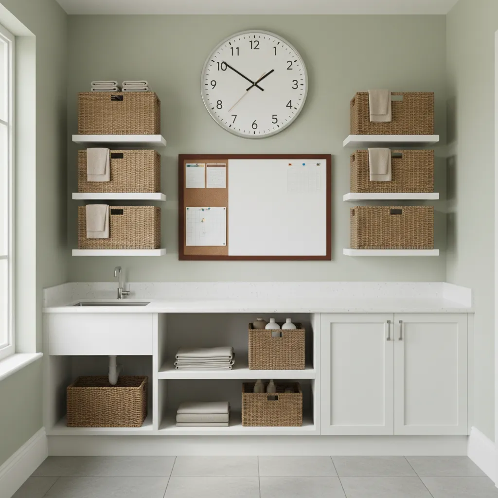 laundry room organization wall with clock and planning board