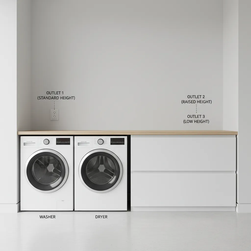 Diagram showing correct and incorrect outlet heights for laundry appliances