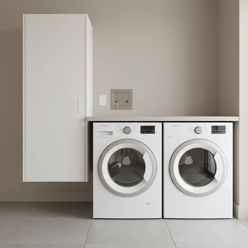 Laundry room with washer dryer and wall outlet placement example