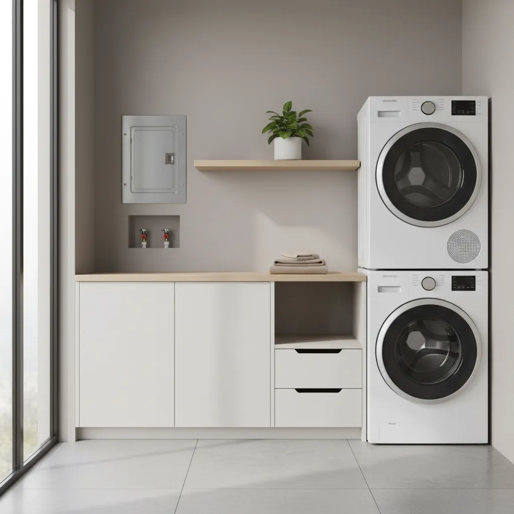 Laundry room with washer dryer and organized plumbing and electrical layout