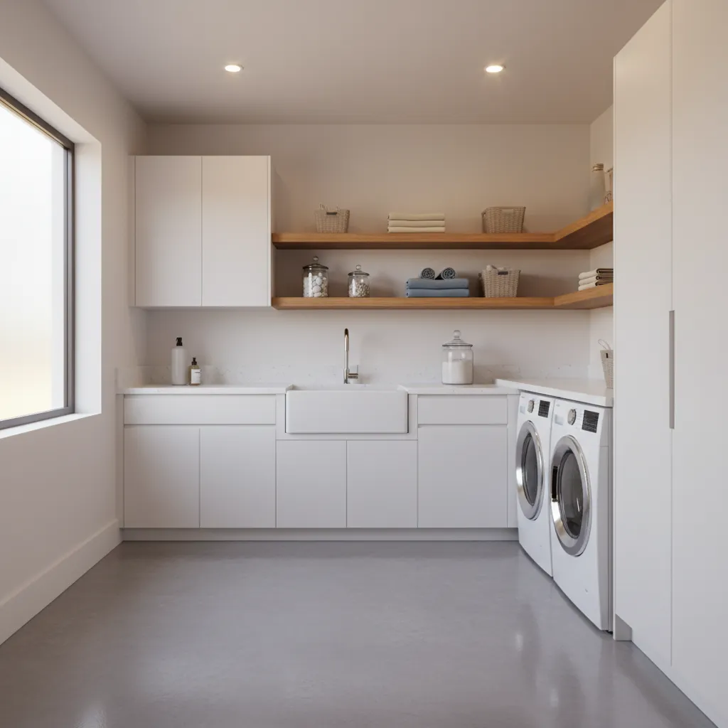 Finished laundry room with durable painted concrete floor