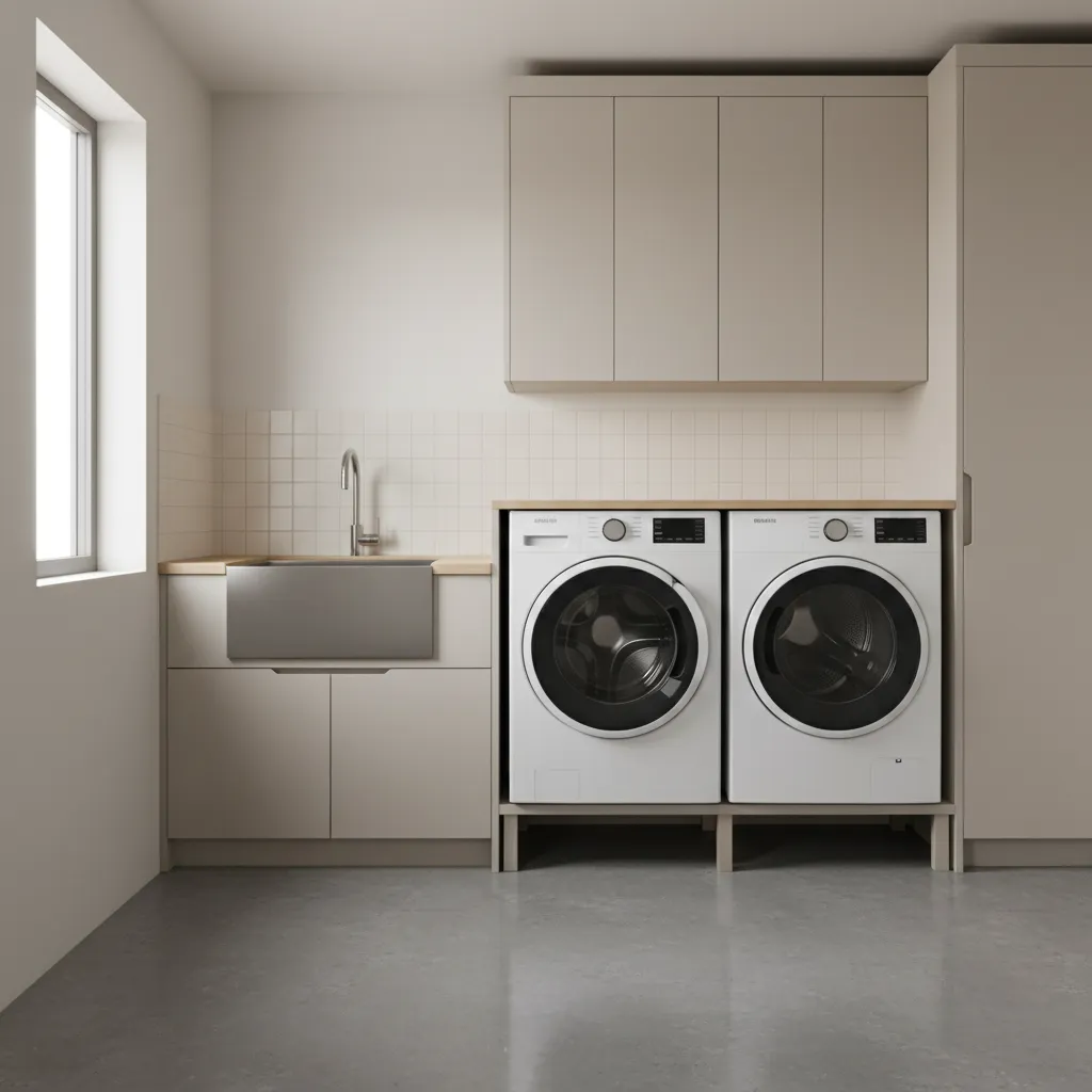 Modern laundry room with painted concrete floor and washing machines