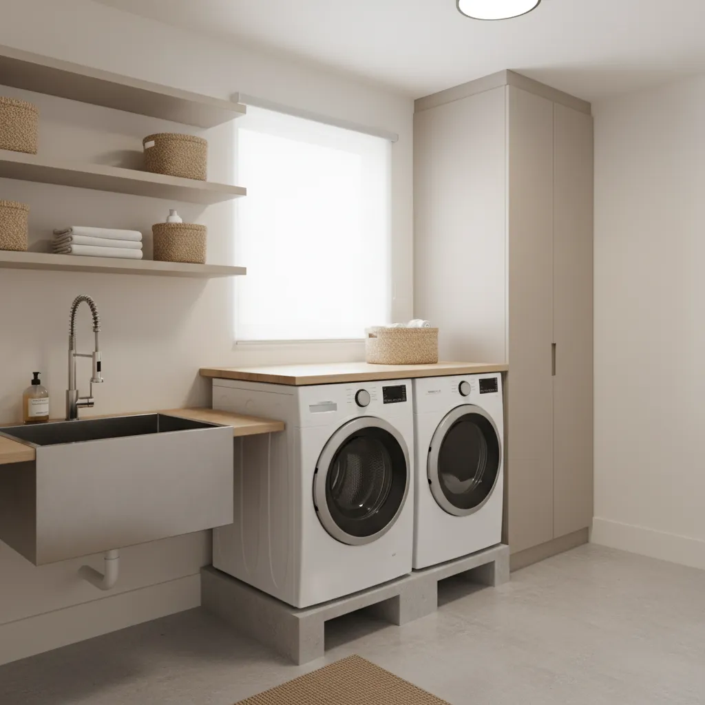 laundry room interior with painted concrete floor and appliances