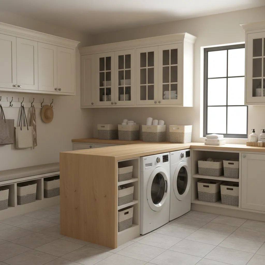 Laundry room with peninsula counter connected to wall cabinets