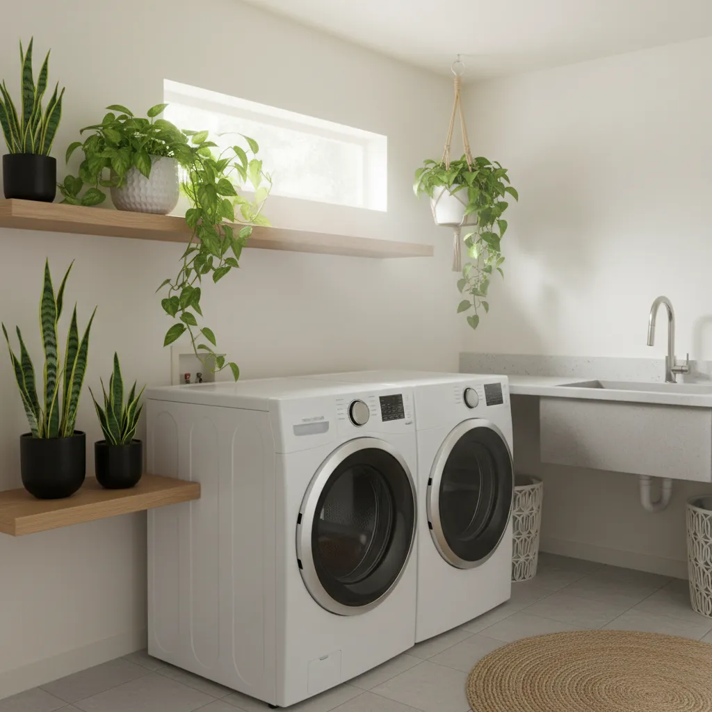 Bright laundry room with white washing machines green potted plants wooden shelves sink and natural sunlight