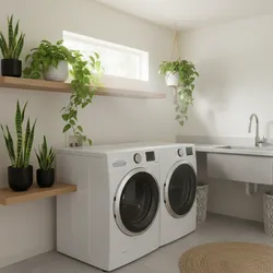 Bright laundry room with white washing machines green potted plants wooden shelves sink and natural sunlight
