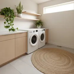Modern laundry room with white washer dryer light wood cabinets green plants and round rug
