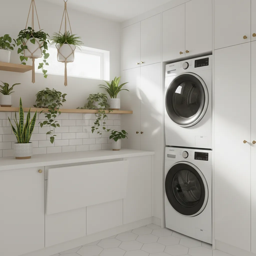 Modern white laundry room featuring stacked washing machines and green potted plants on wooden shelves
