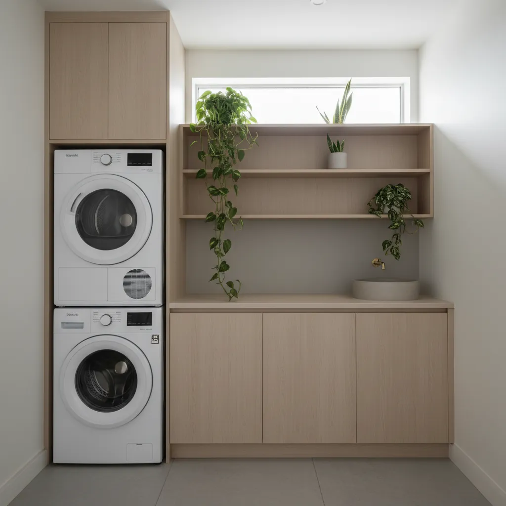 Minimalist laundry room with stacked washer and dryer, wood cabinets, open shelving, and indoor plants