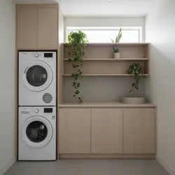 Minimalist laundry room with stacked washer and dryer, wood cabinets, open shelving, and indoor plants