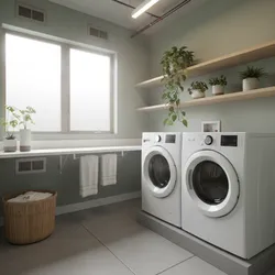 Modern laundry room design featuring white washing machines, green walls, wooden shelves, and potted plants