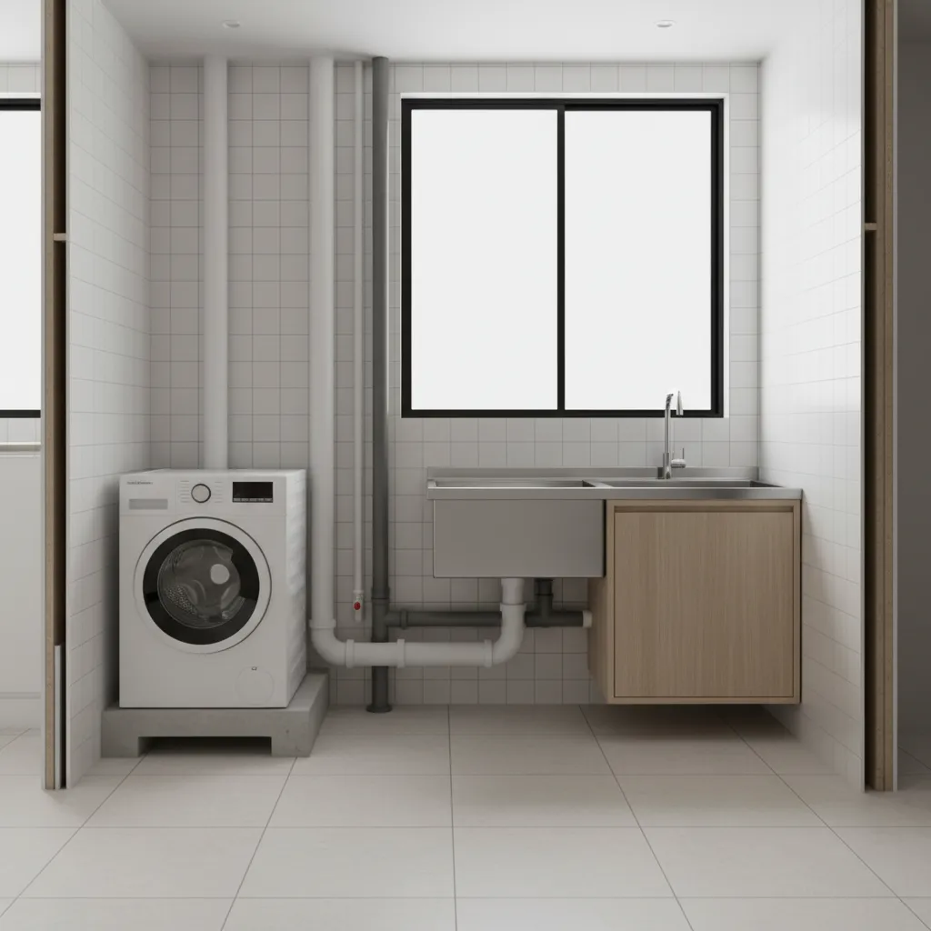 laundry room plumbing layout showing washer standpipe and drainage connections