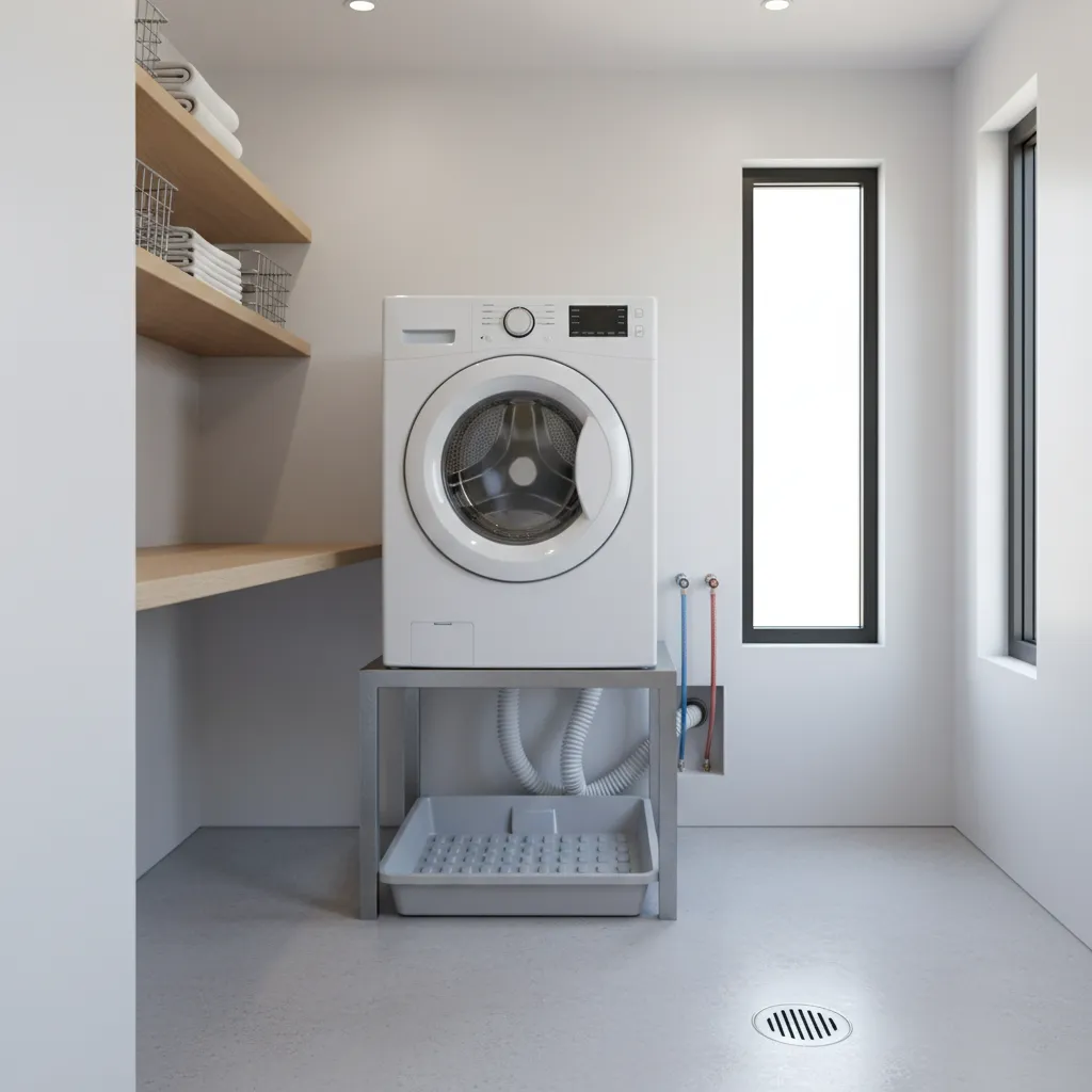 Laundry room washer installation with visible drainage tray and plumbing connections
