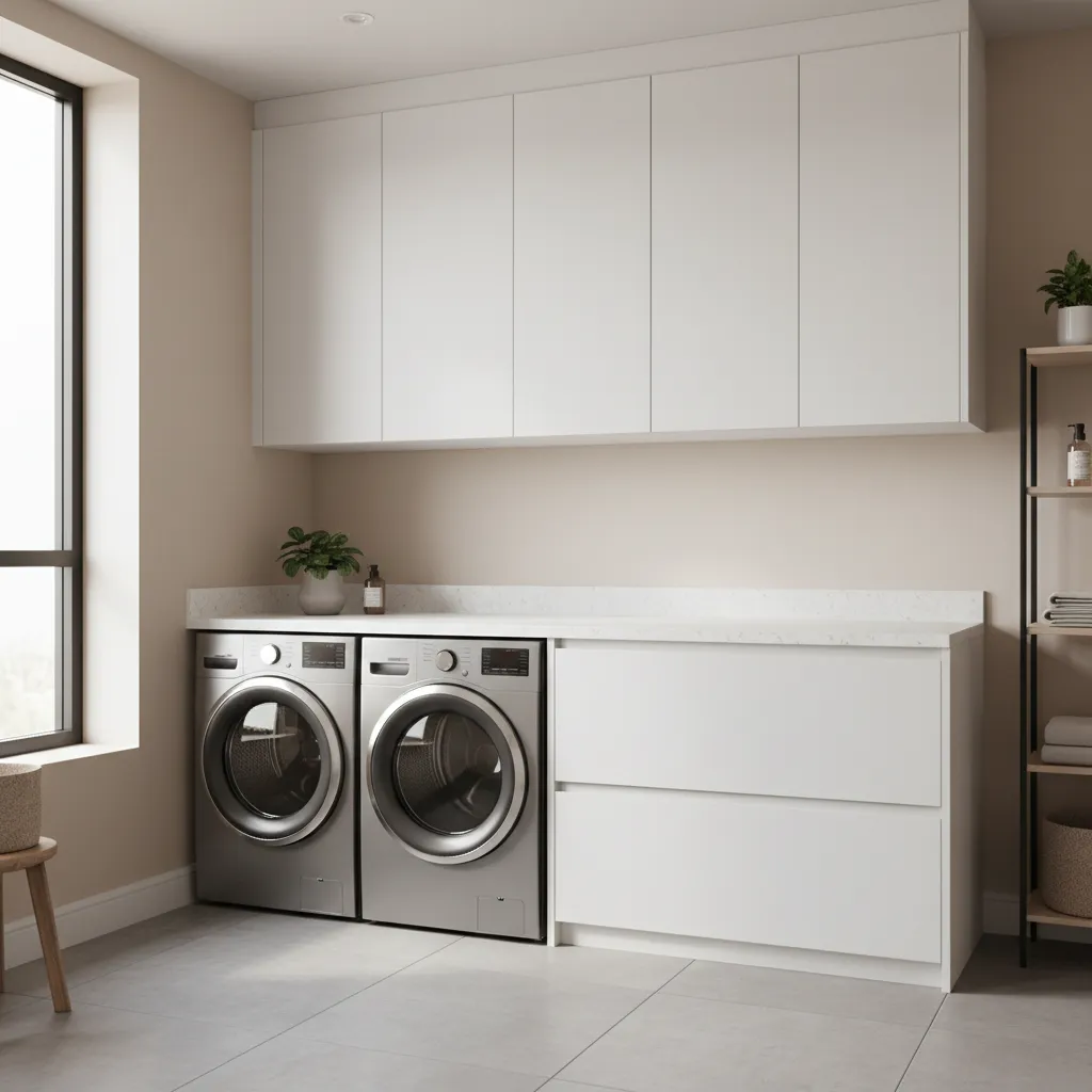 Quartz countertop installed across washer and dryer in a modern laundry room