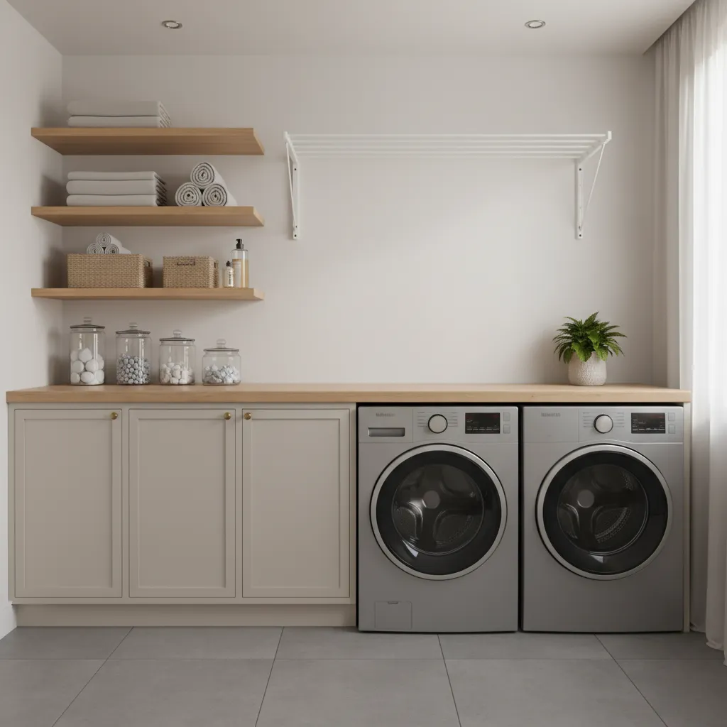Laundry room with fold-down rack and clothesline drying system
