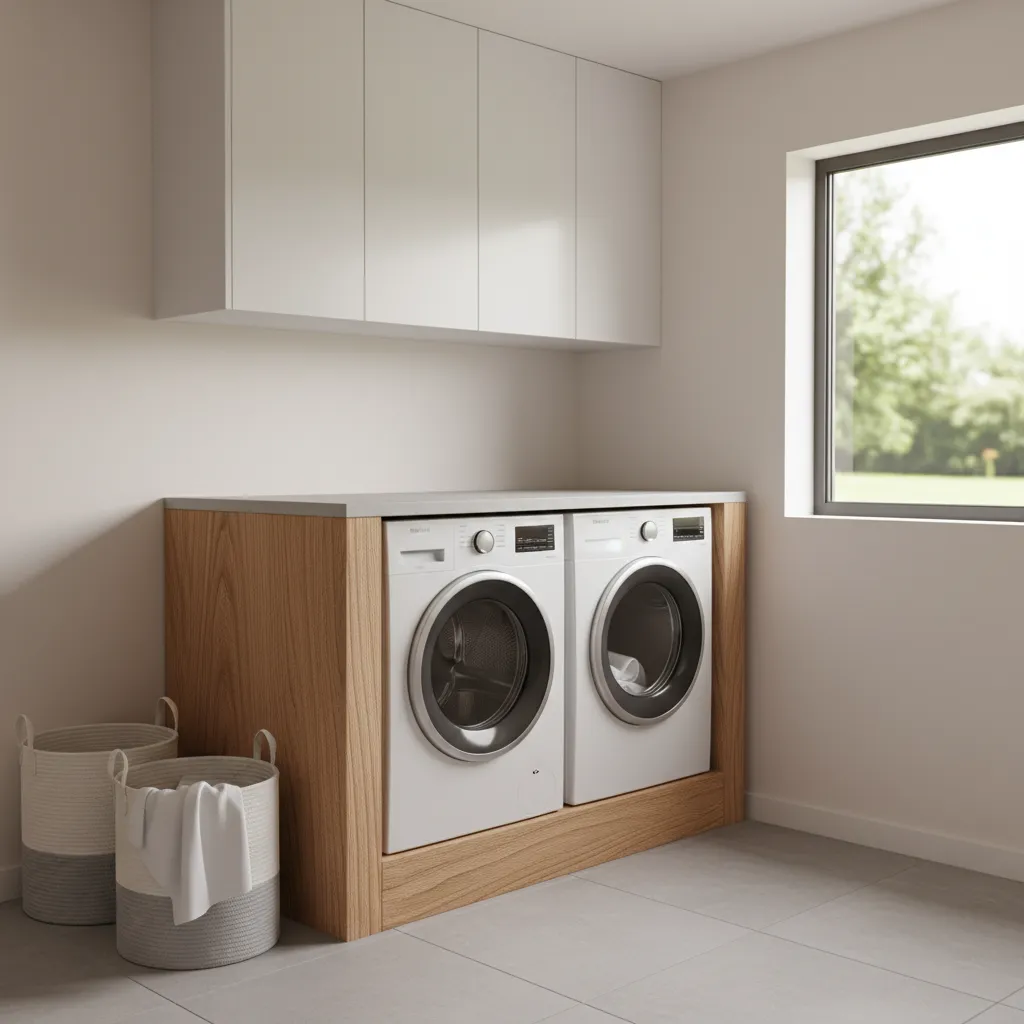Front loading washer and dryer raised on a wooden pedestal in a bright laundry room