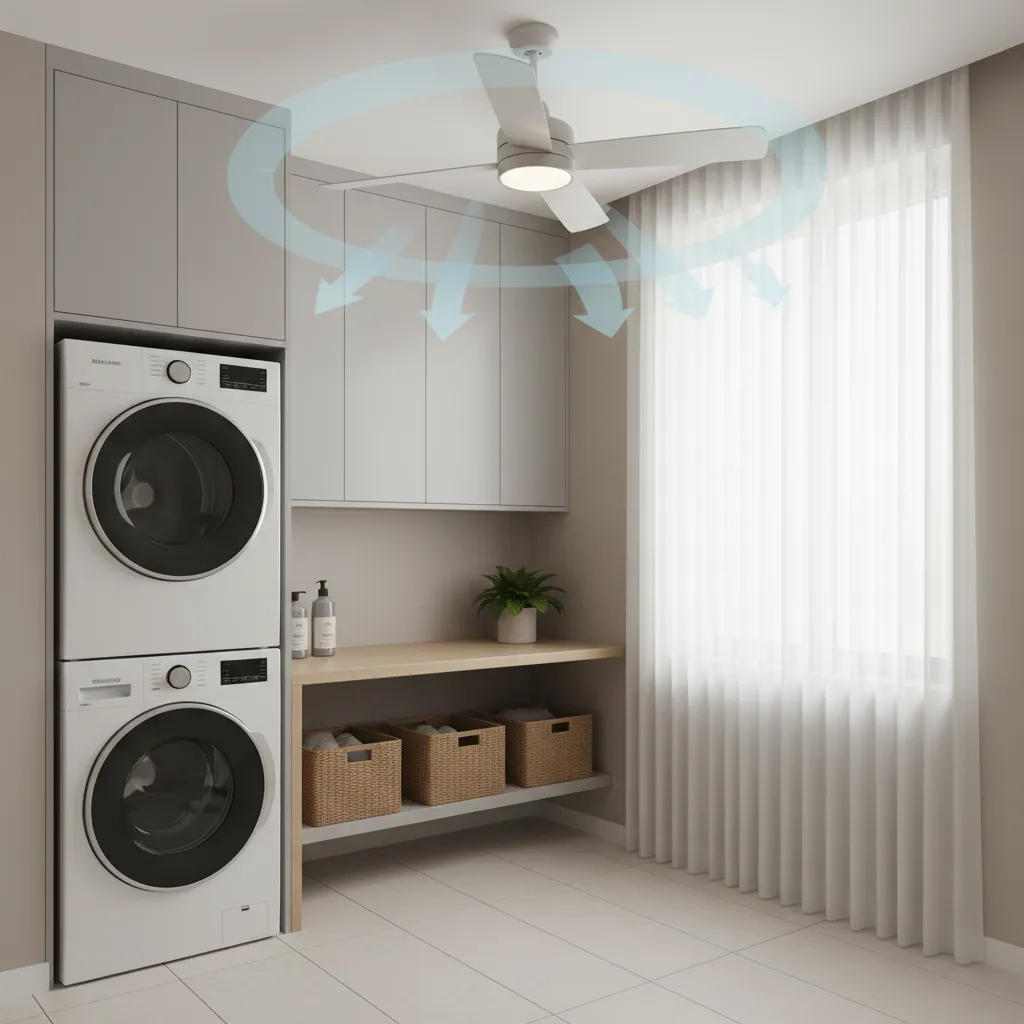 Laundry room with ceiling recirculating fan moving air around the space