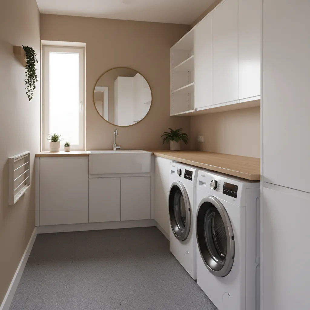 Laundry room with rubber tile flooring installed beneath washer and dryer