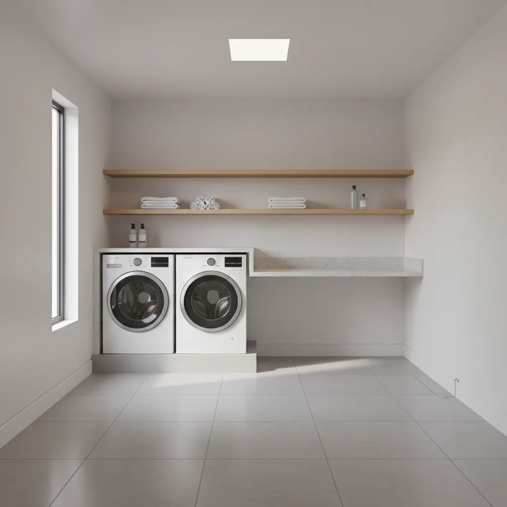 Minimalist laundry room with white washer dryer wooden floating shelves grey floor tiles and light