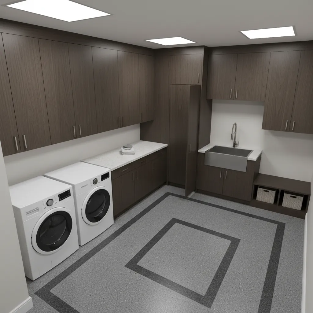 Laundry room layout highlighting safe walking paths and appliance placement