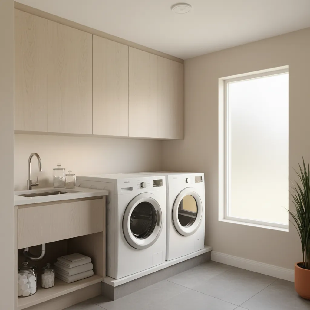 laundry room interior showing washer dryer cabinets and ceiling heat detector