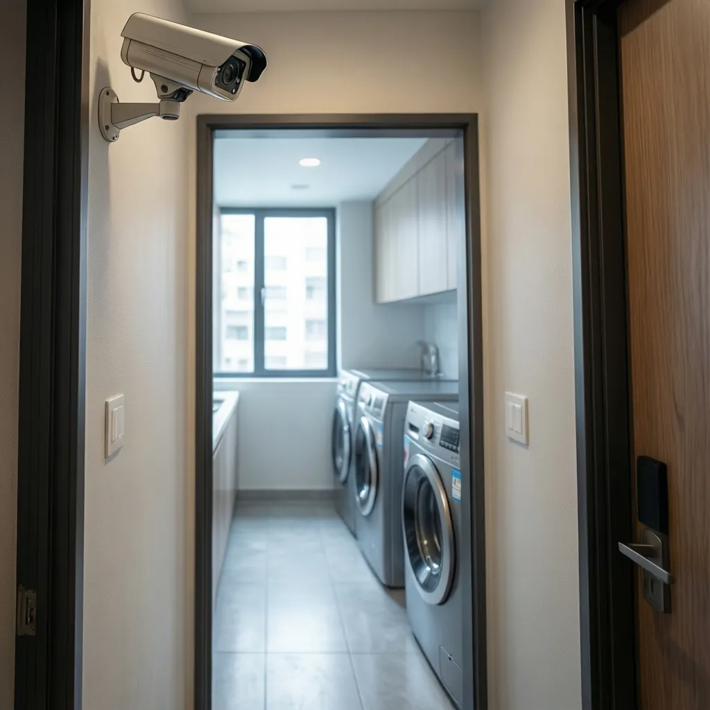 Security camera positioned at entrance of apartment laundry room