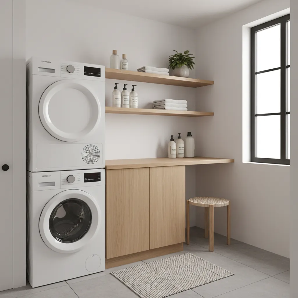 Laundry room with wall shelves above washer and dryer