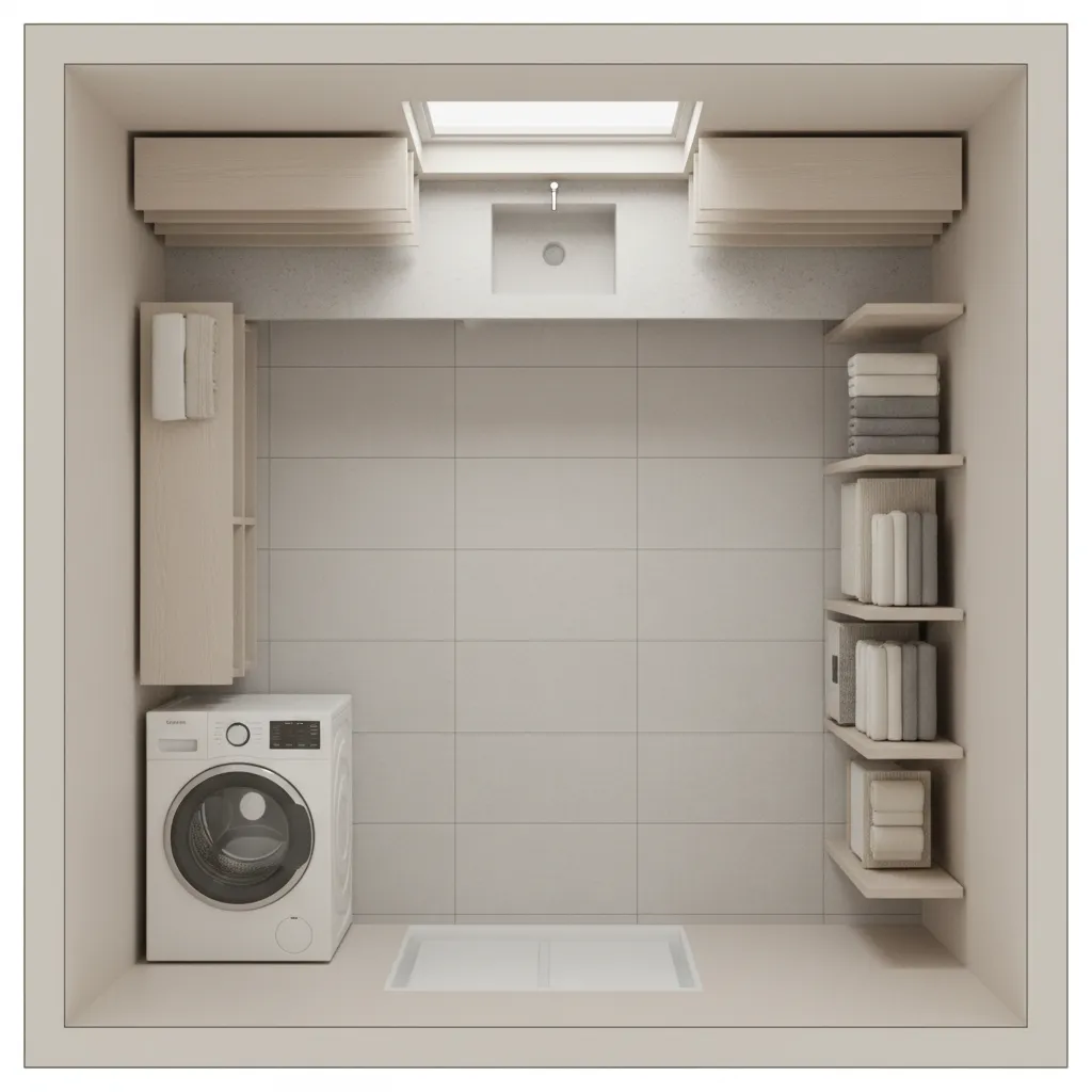 Laundry room layout plan showing shelf depth and walkway clearance