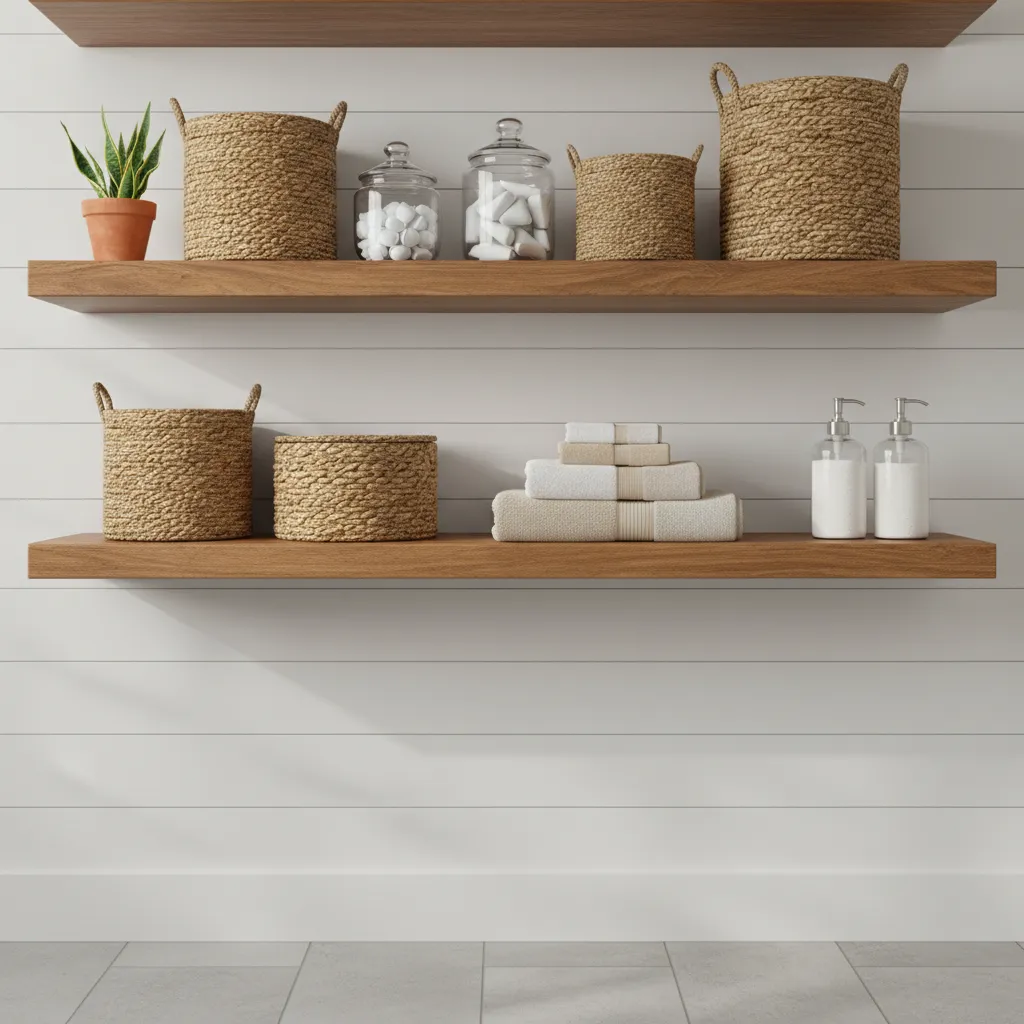 Laundry room floating shelves styled with baskets jars and folded towels
