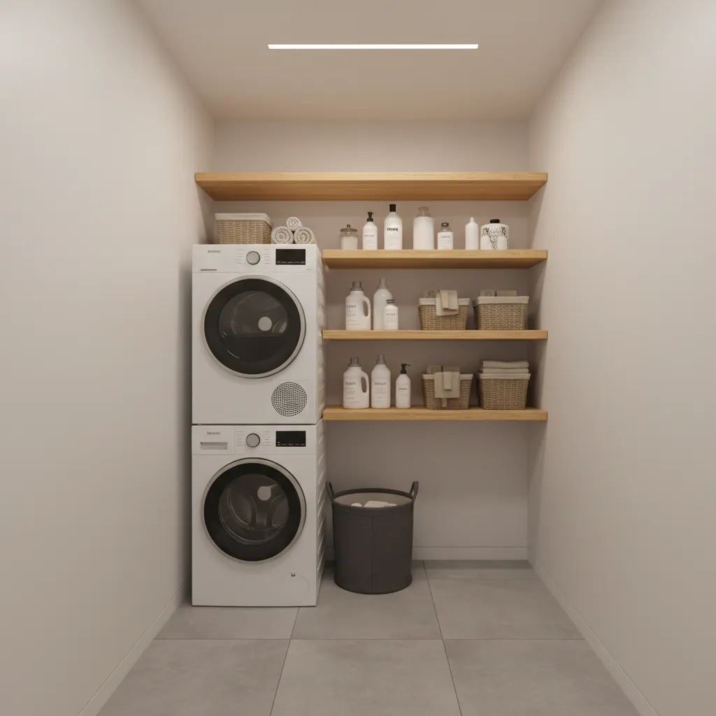 open shelves installed above washer and dryer in narrow laundry space