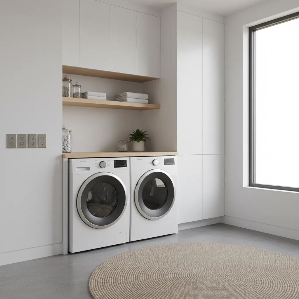 Laundry room with outlets placed on side wall beside washer and dryer