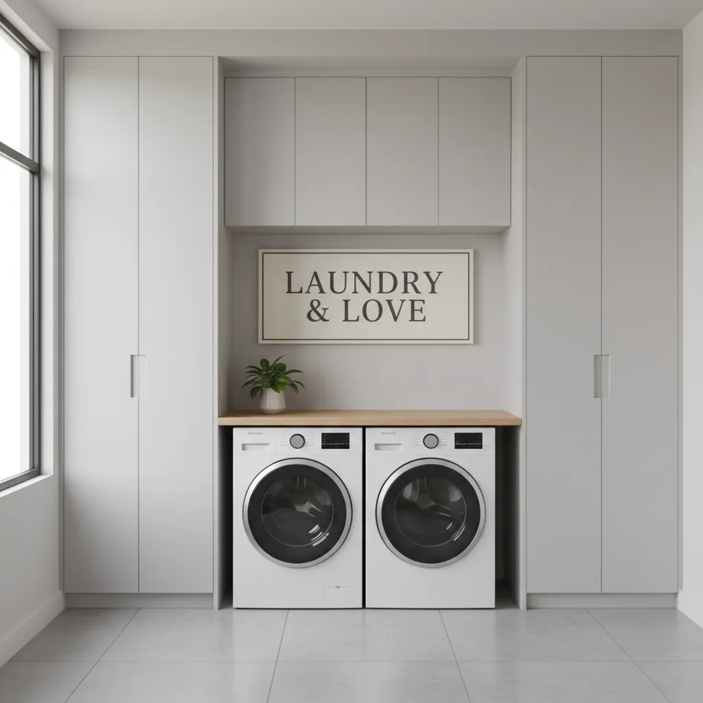 large laundry sign centered above washer and dryer machines