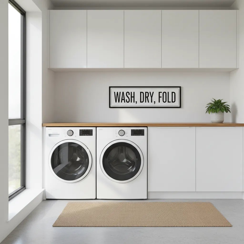 modern laundry room with framed laundry typography sign on wall