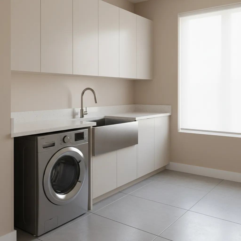 Modern laundry room with beige cabinets a washing machine and large stainless steel sink inside