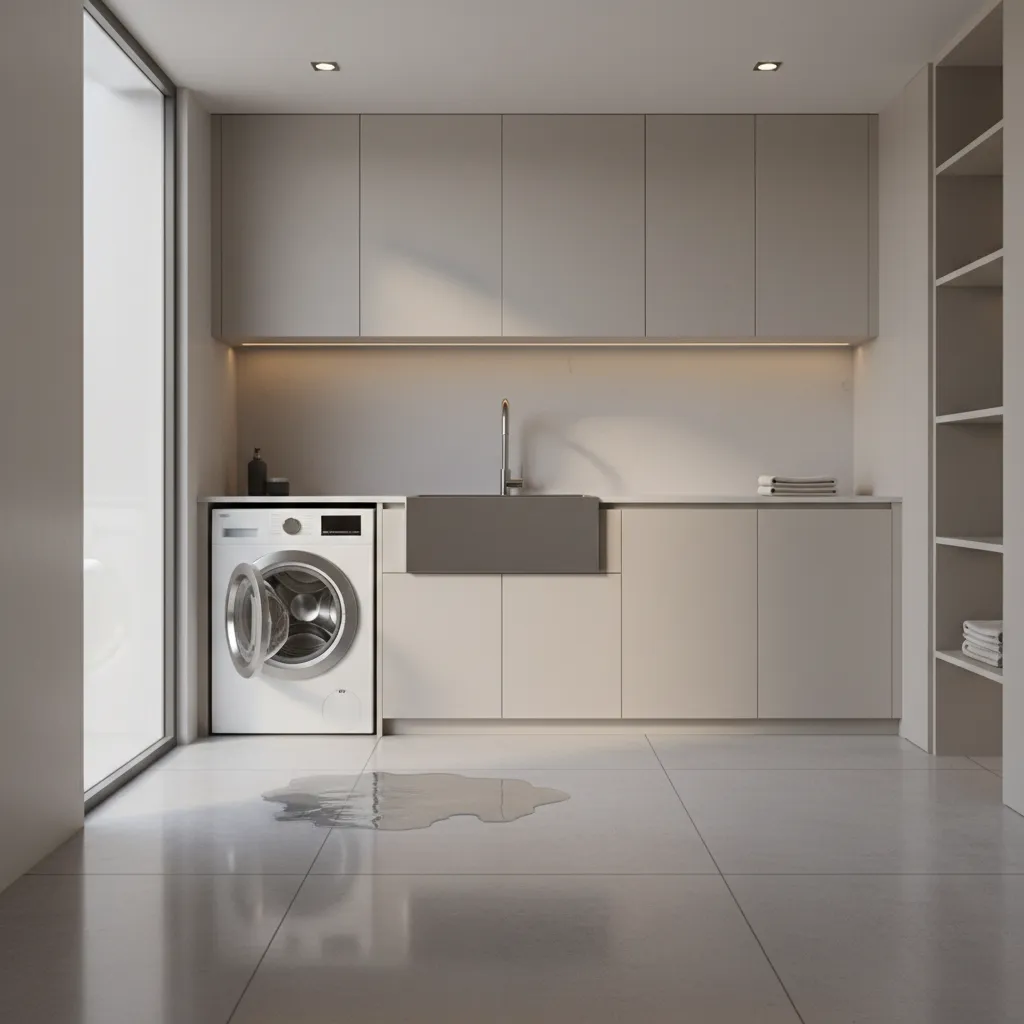 Laundry room floor near washer where water spills create slip hazards