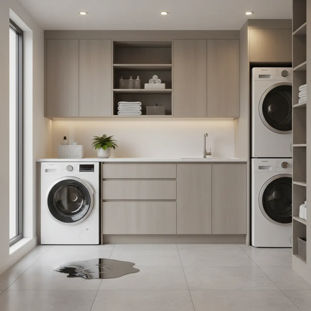Modern laundry room with wood cabinets, stacked machines, sink, and water puddle on tile floor