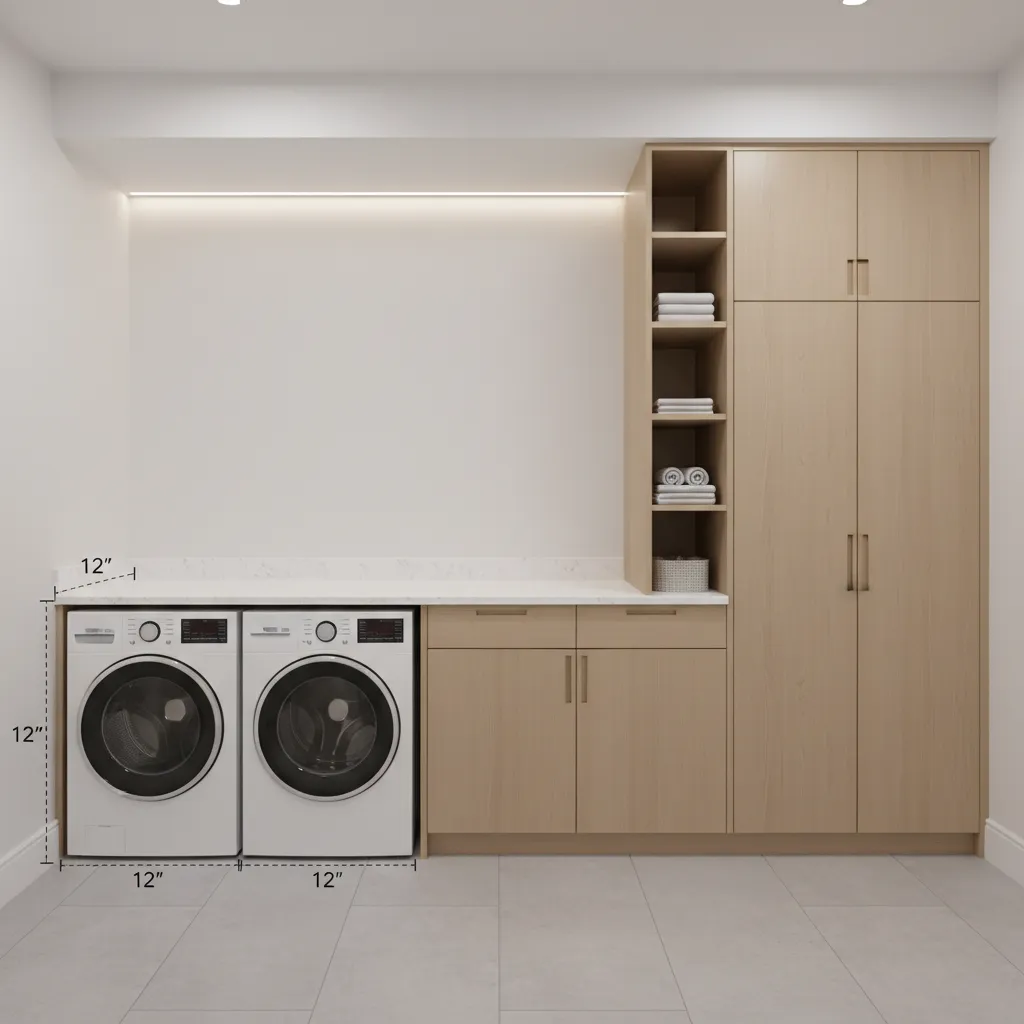 Laundry room layout diagram showing spacing standards and clearances