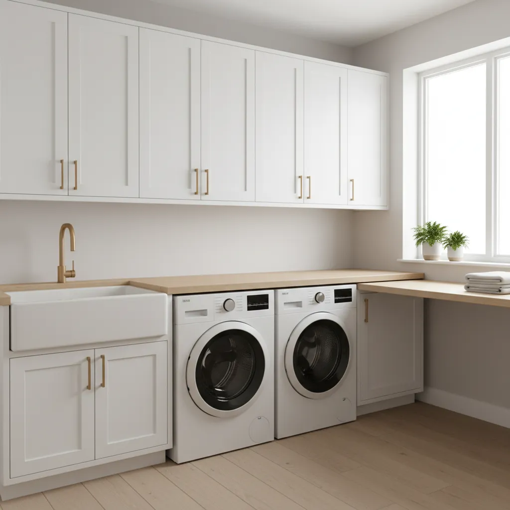 Spacious laundry room with standard cabinet layout and side by side washer dryer