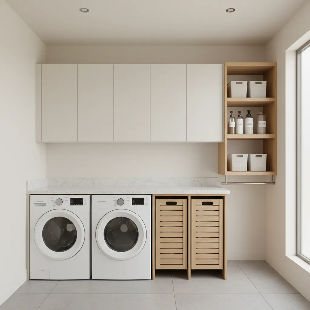 Laundry room cabinets and storage around side by side washer and dryer