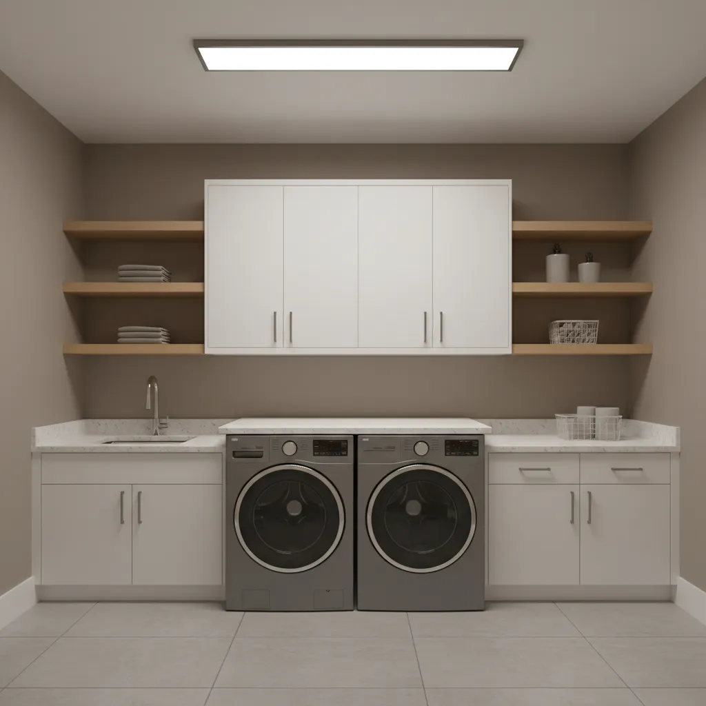 Laundry room layout showing cabinets and shelving around grey washer and dryer