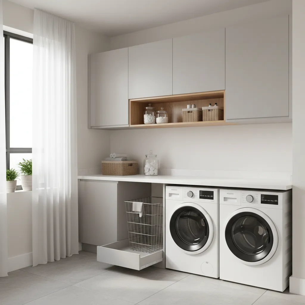 Laundry room layout with cabinets open shelving and folding counter