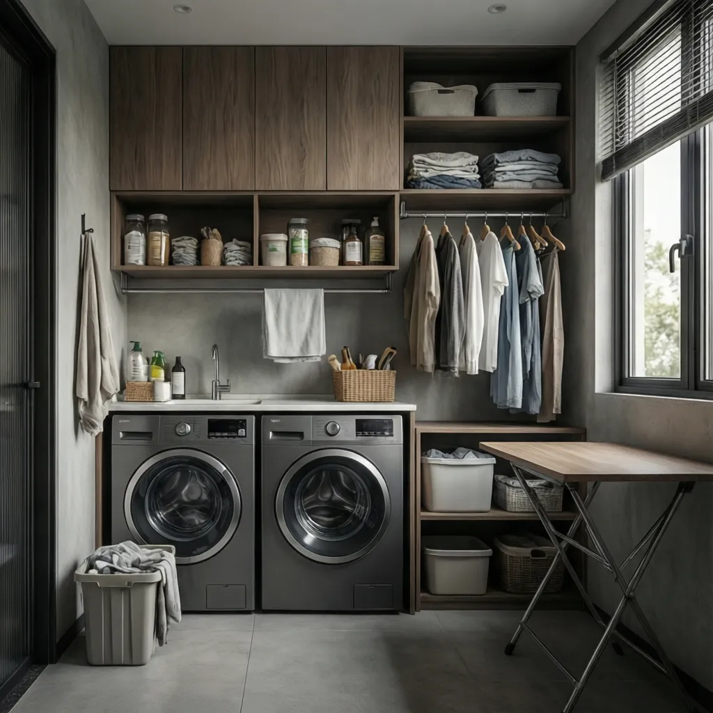 Laundry room with upper cabinets shelves and hanging rod for storage