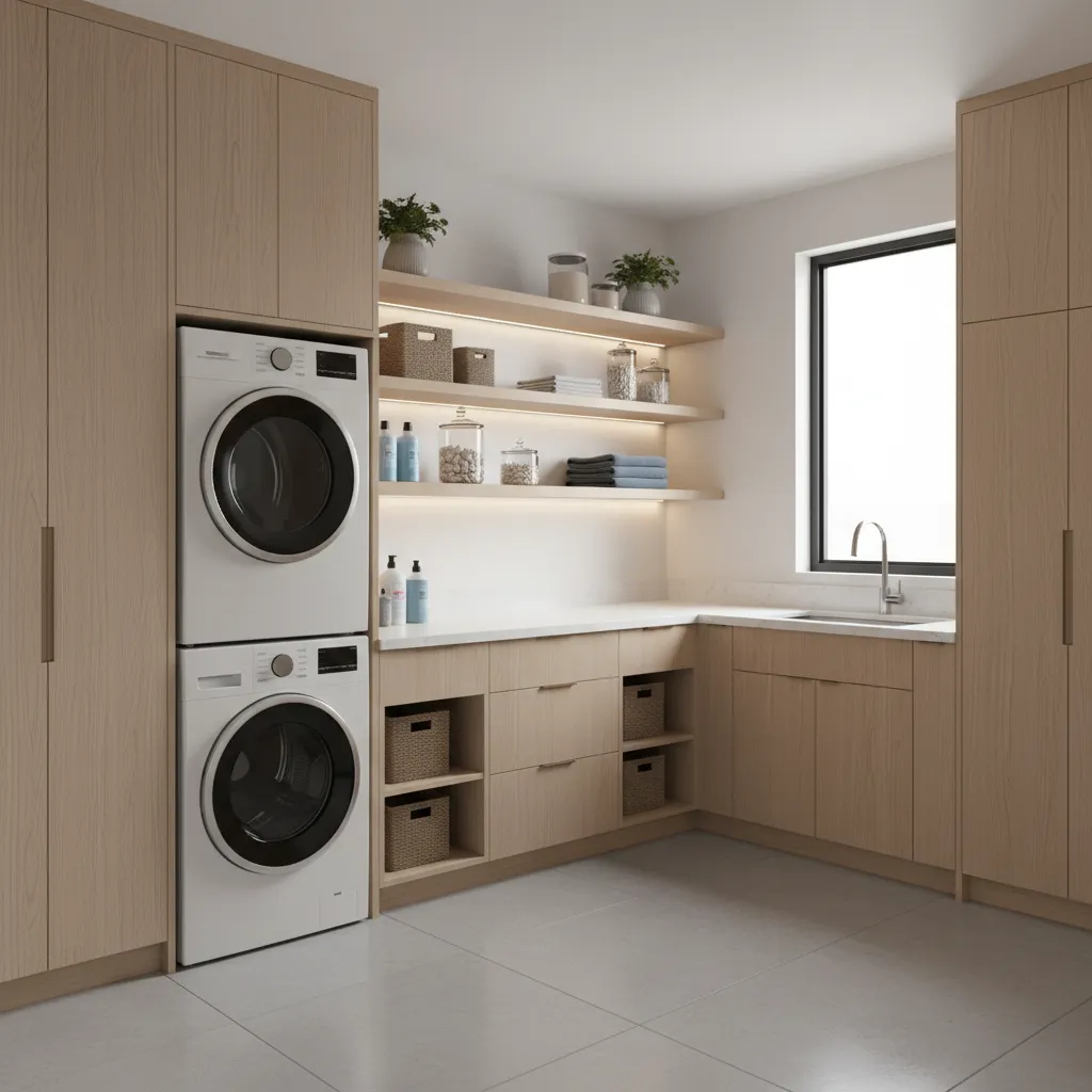 Laundry room layout with stacked appliances and tall cabinets